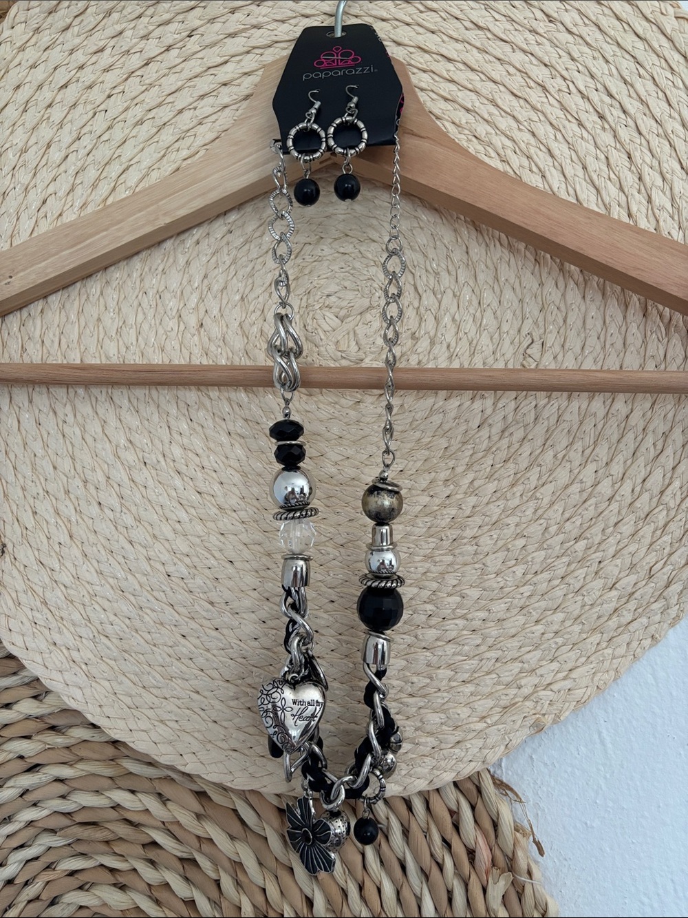 paparazzi Silver & Black Beaded Heart Charm Necklace Set